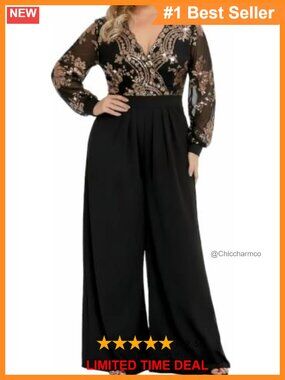 Plus Size Mesh Long Sleeve V Wrap Neck Wide Leg One Piece Jumpsuit